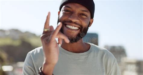 Hand, Happy and Sign with a Black Man Showing a Gesture while Standing ...