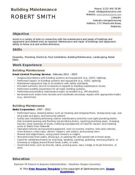 Building Maintenance Resume Samples Spencscotjwo93