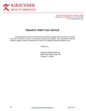 Fillable Online Tenants Thirty Day Notice Kirschner Realty Services