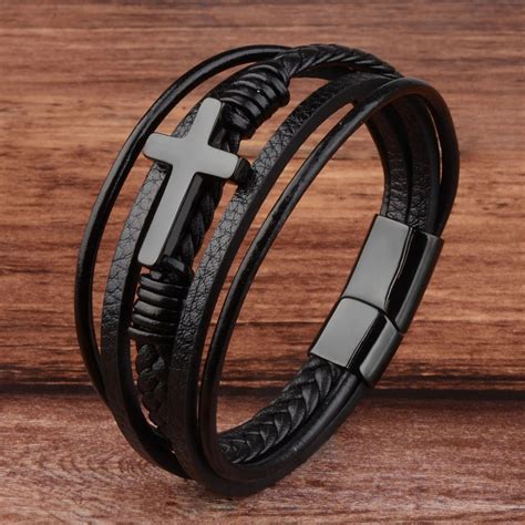 Classic Design Cross Bracelets Men Genuine Leather Stainless Steel