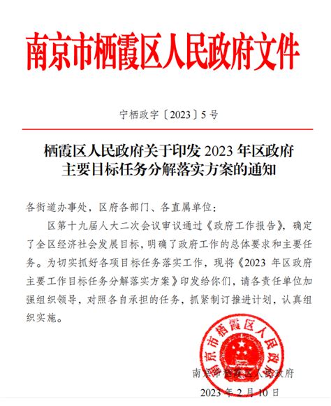 南京市栖霞区人民政府 栖霞区关于印发2023年区政府主要目标任务分解落实方案的通知