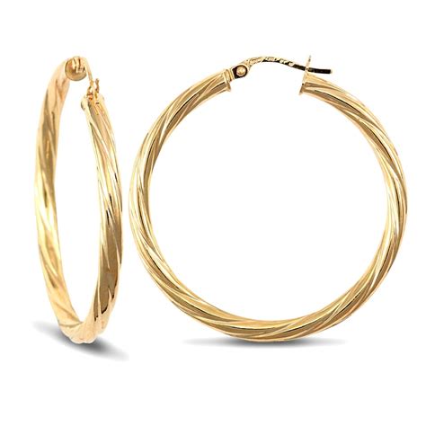 Ladies 9ct Yellow Gold Twisted 3mm Hoop Earrings 35mm