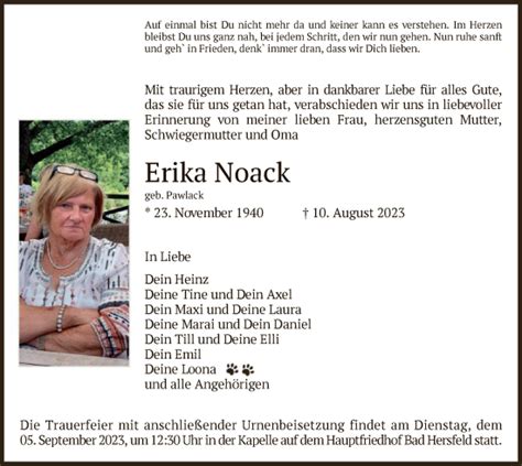 Traueranzeigen Von Erika Noack Trauer Hersfelder Zeitung De