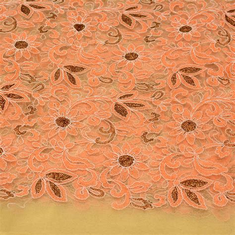 Buy Peach Golden And Beige Flower Shape Embroidery Net Fabric 5231