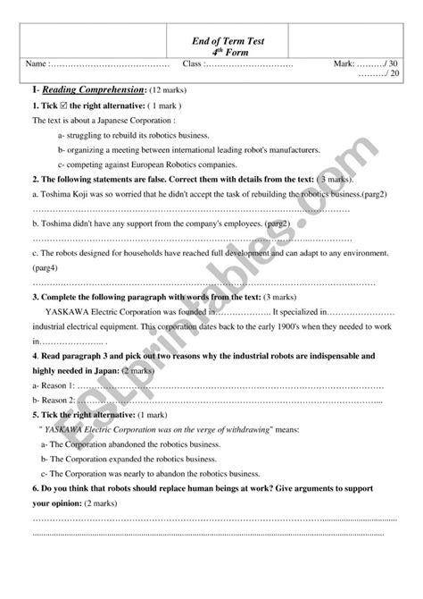 Mid Term Test Th Form Esl Worksheet By Assaad