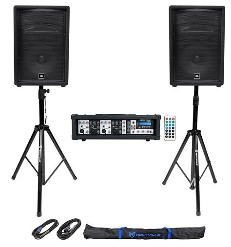 2 JBL JRX212 1000 Watt 12 DJ PA Speakers Powered 4 Ch Mixer Stands