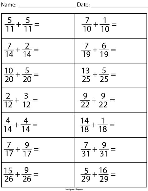 Adding Fractions With Common Denominator Math Worksheet Twisty