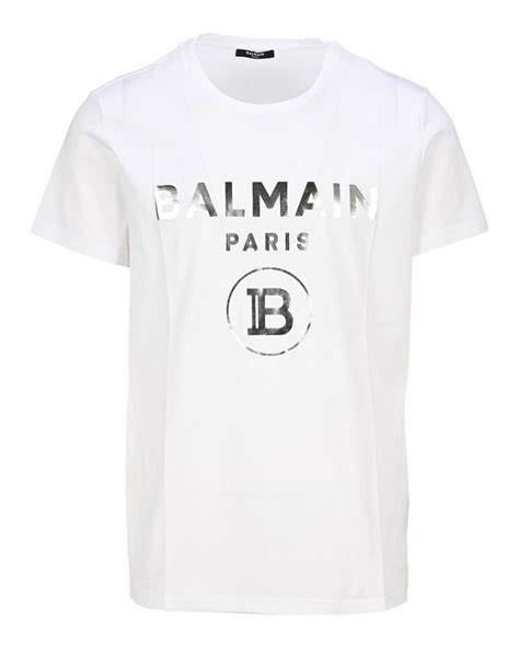 Balmain Metallic Silver Logo T Shirt In White For Men Lyst