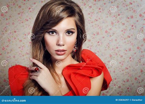 Portrait Of The Girl In A Red Dress Stock Image Image Of Dress