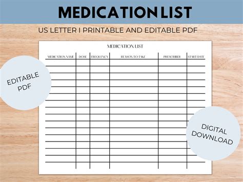 Medication List Printable Fillable Pdf Etsy