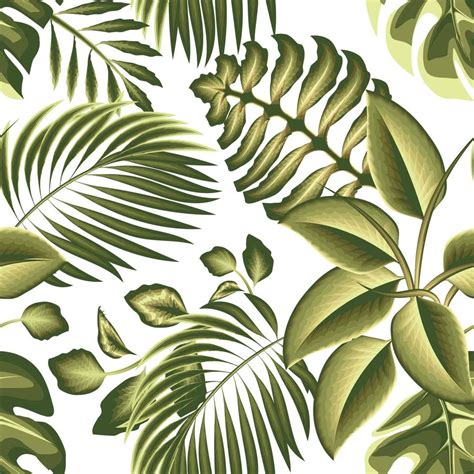 Vintage Green Rainforest Illustration Seamless Pattern With Tropical Coconut Monstera Leaves And