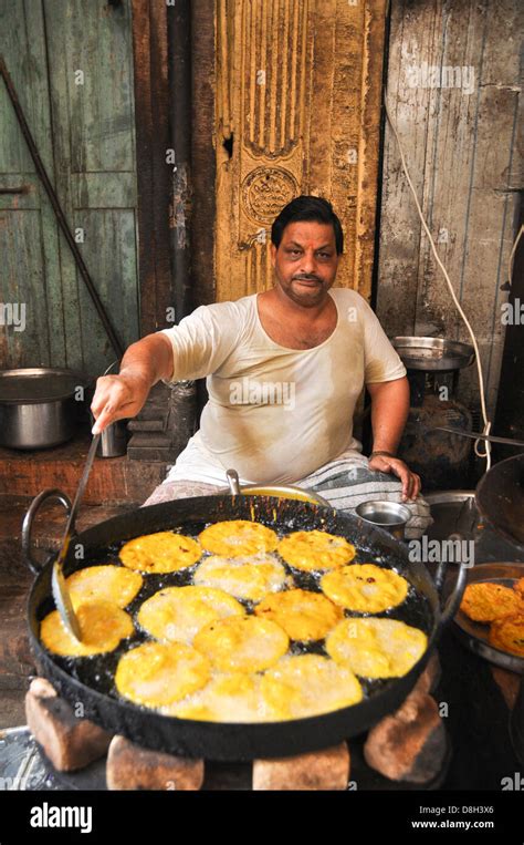 Man Frying Food In His Food Stall Jodhpur Rajasthan India Stock Photo