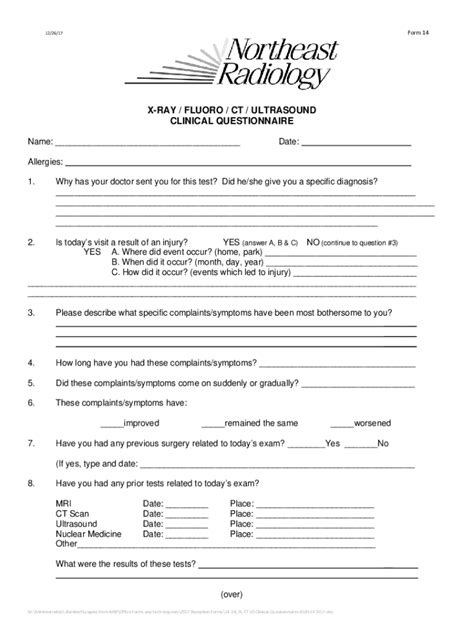 Fillable Online Nerad Comx Ray Clinical Questionnairesx Ray