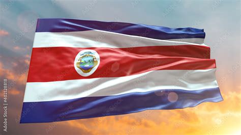 Costa Rica Waving Flag With Texture Whith Sky And Clouds And Sunset