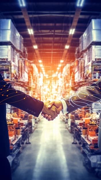 Double Exposure Of Businessman Handshake On Industrial Background With