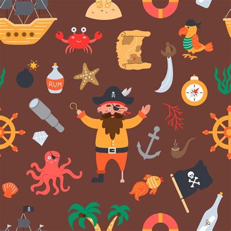 Premium Vector Seamless Pattern Pirate Set In Flat Hand Drawn Style Parrot Ship Treasure Map