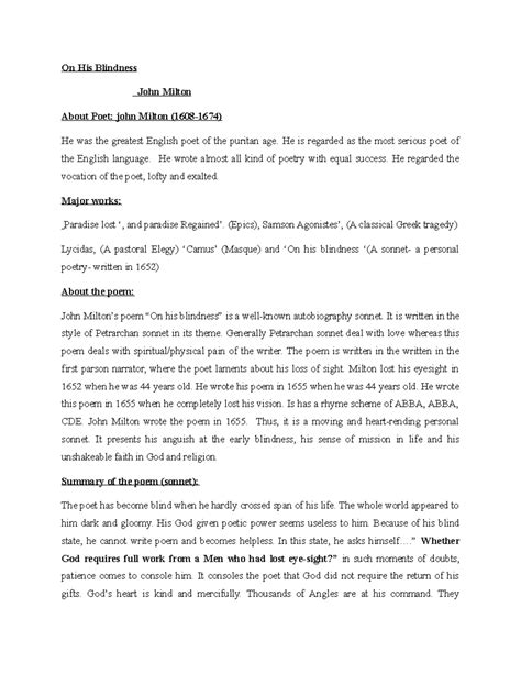 Summary Of The Poem On His Blindness 2