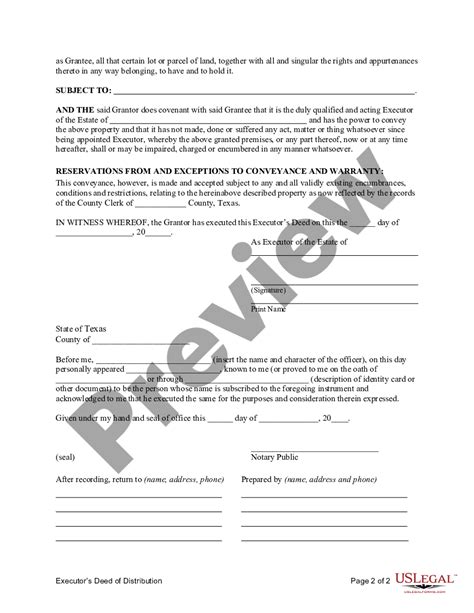 Texas Executors Deed Of Distribution Executor Executor Us Legal Forms