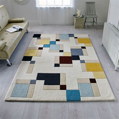 Illusion Abstract Blocks Rugs In Blue And Ochre Free Uk Delivery