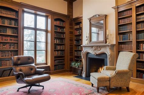 Premium Photo | A fireplace in a library with a bookcase and a chair in ...