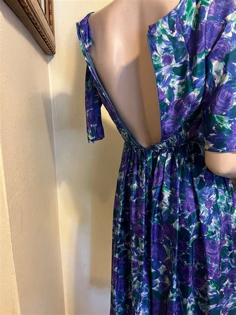 Vintage 60s Darling Blue Purple Floral Full Skirt Ro Gem