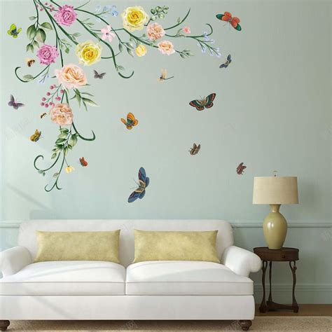 Amazon.com: PinkEleph Multi Rose Flower Wall Stickers - Green Plants ...