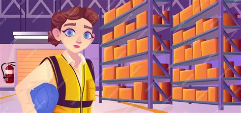 Premium Vector Cartoon Warehouse Interior With Woman Employee Holding