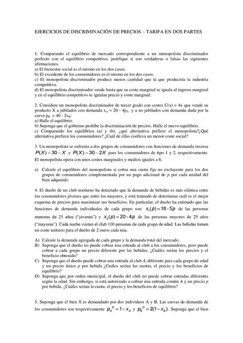 Ejercicios de Discriminación de Precios EJERCICIOS DE DISCRIMINACIÓN