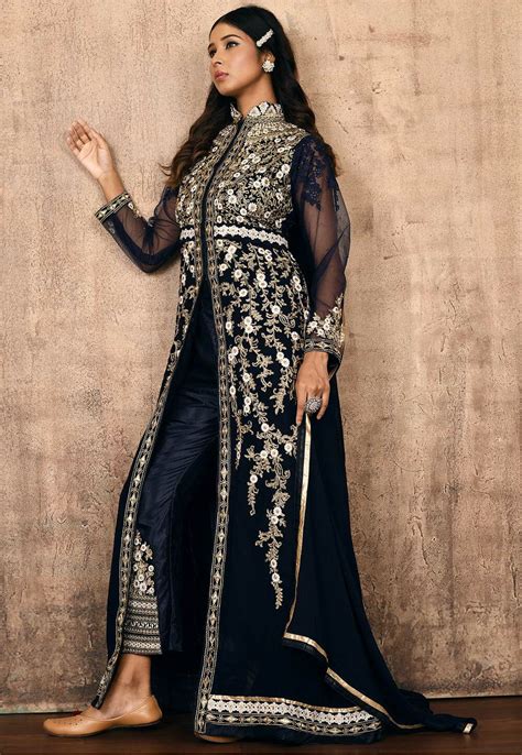 Buy Embroidered Georgette Front Slit Abaya Style Suit In Navy Blue