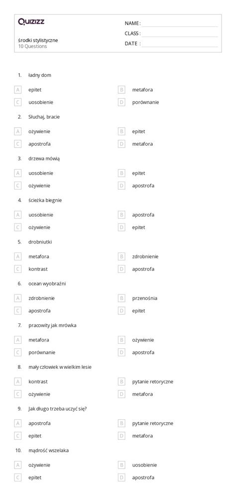 Ponad 50 Środki stylistyczne arkuszy roboczych dla Klasa 4 w Quizizz