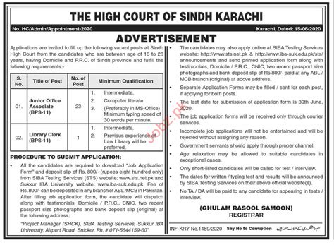 The High Court Of Sindh Jobs Junior Office Associate Job