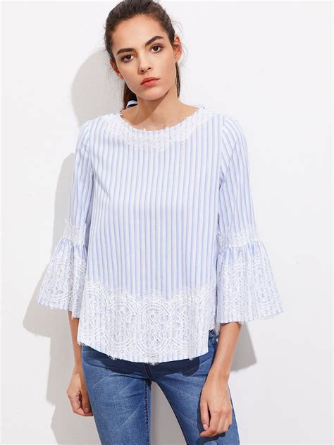 Shein V Cut Tie Back Lace Applique Fluted Sleeve Top In Bluse N Hen