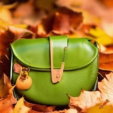 Green Purse Surrounded By Autumn Leaves