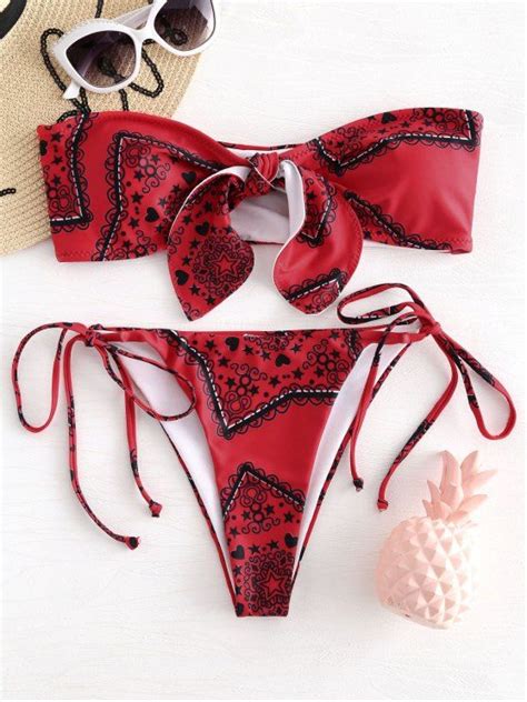 Off Bowknot Tie Side Bandeau Bikini In Love Red Zaful