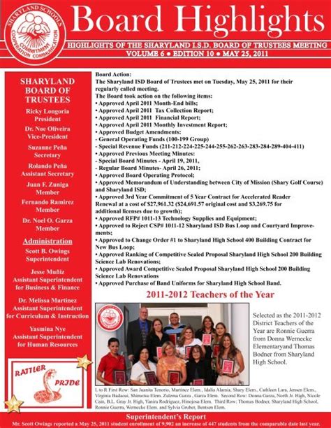 2011 May Board Highlights - Sharyland ISD