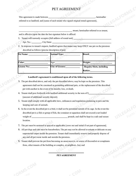 Pet Agreement between Landlord and Tenant | US Legal Forms