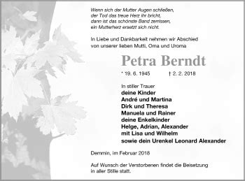 Traueranzeigen Von Petra Berndt Trauer Nordkurier