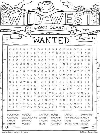 Wild West Word Search Wild West Theme Wild West Party Summer Camp