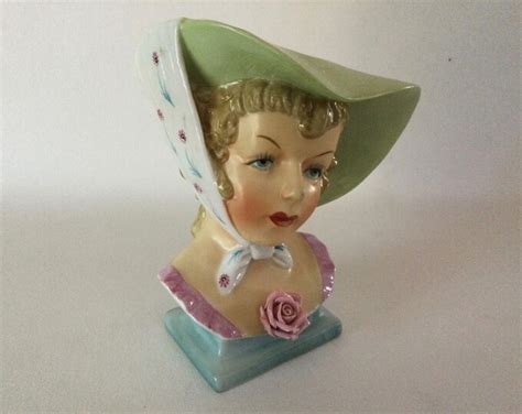 Lady Head Vase Vintage Ucagco Eyes Open Brunette Pink Rose Green