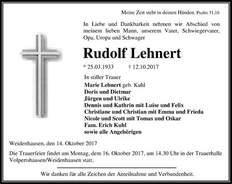 Traueranzeigen Von Rudolf Lehnert Vrm Trauer De