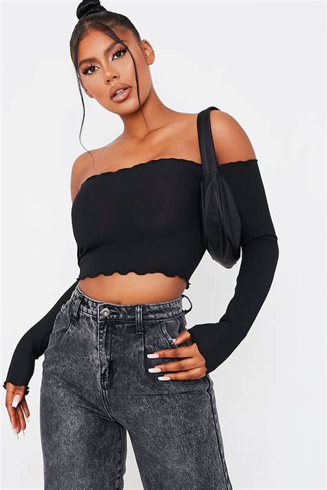 Black Rib Bardot Lettuce Hem Long Sleeve Crop Top Crop Top I Saw It First