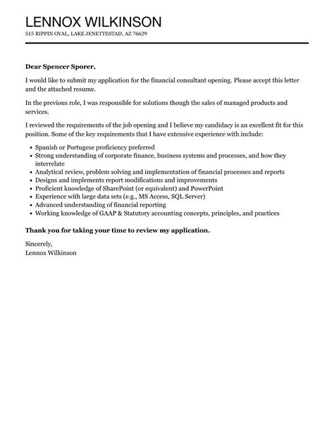 Financial Consultant Cover Letter Velvet Jobs