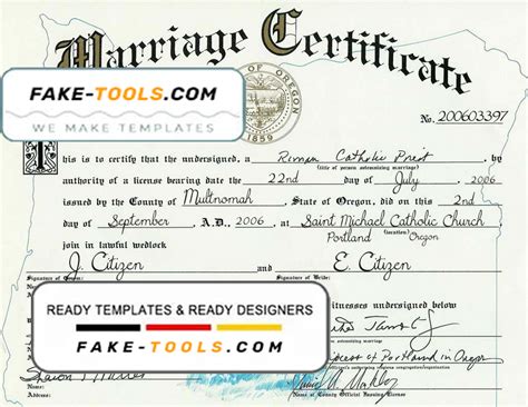 Usa Oregon State Marriage Certificate Template In Psd Format Fake Tools