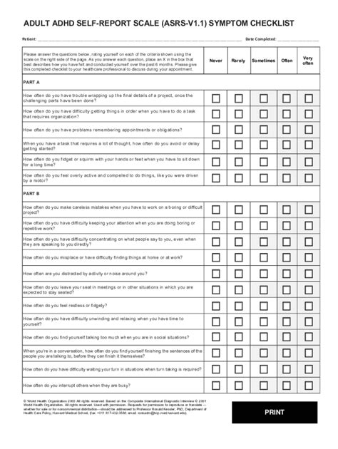 Fillable Online Adult Adhd Self Report Scale Asrs V1 1 Symptom