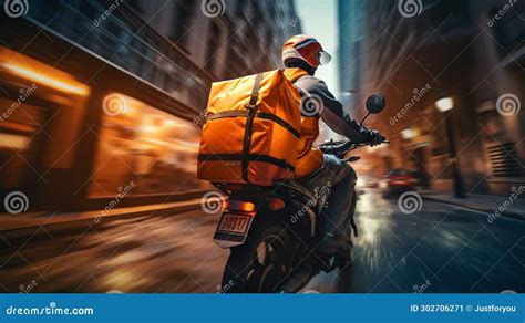 Delivery Courier In Action On Urban Streets Generative Ai Stock