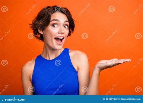 Photo Of Impressed Funky Girl Dressed Blue Top Open Mouth Showing Arm