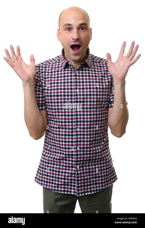 Trendy Surprised Bald Man Isolated Over White Background Stock Photo