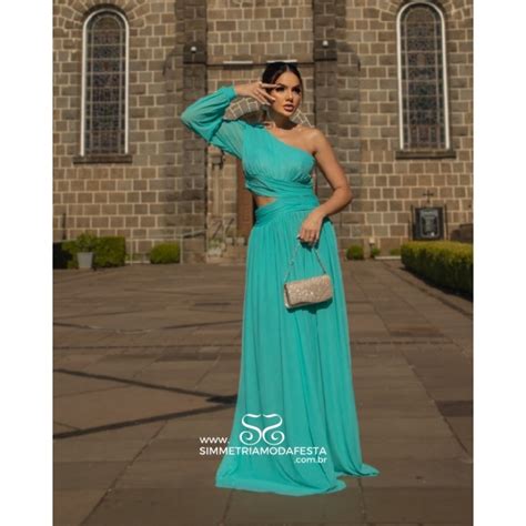 Vestido Verde Tiffany Ombro S Manga Longa Em Tule