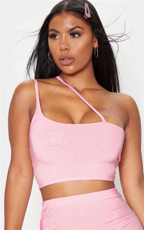 Pink Slinky Asymmetric Strap Crop Top Tops Prettylittlething