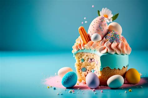 Premium Photo Easter Cake With Colorful Eggs Around On A Blue Background